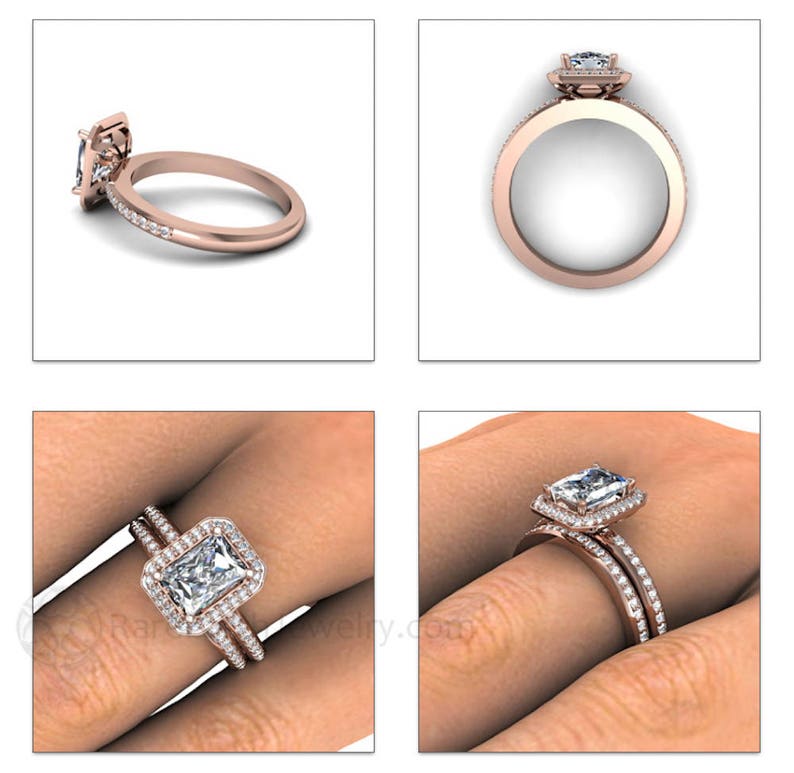 Radiant Moissanite Engagement Ring Diamond Halo Wedding Set | Etsy