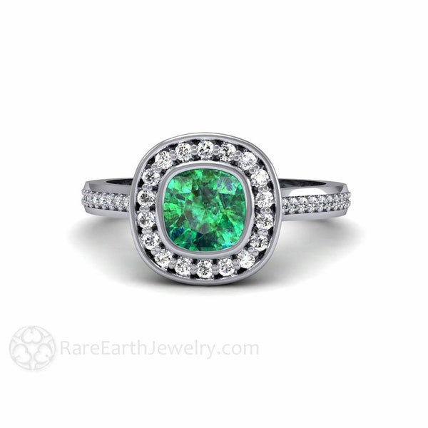 Emerald Engagement Ring Bezel Set Cushion with Diamond Halo 14K or 18K Gold or Platinum Custom Emerald Ring Bridal Jewelry