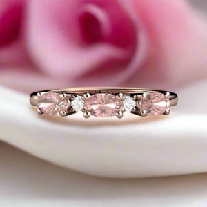 Pink Tourmaline Band Pink Tourmaline and Diamond Ring Anniversary Band Wedding Ring Oval East West Stacking Ring October Birthday Pink Stone
