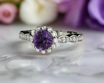 Ceylon Sapphire Engagement Ring | Purple Gemstone Flower Halo Ring with Diamonds in 14K or 18K Gold or Platinum