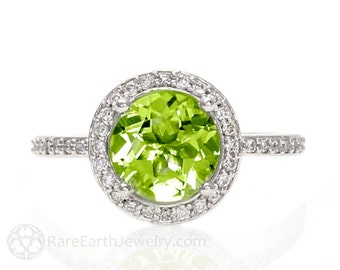 Gold Peridot and Diamond Ring Diamond Halo Peridot Engagement Ring 14K or 18K Gold Custom Gemstone Ring August Birthstone