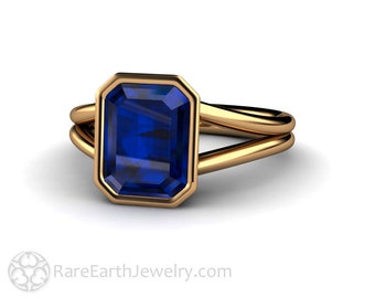 Sapphire Ring Blue Sapphire Engagement Ring Emerald Cut Bezel Setting Split Shank Solitaire Minimalist Blue Gemstone September Birthstone