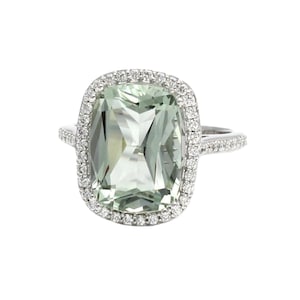 Large Green Amethyst Ring with Diamond Halo | 14K or 18K Gold, Platinum Cushion Cut Statement Ring
