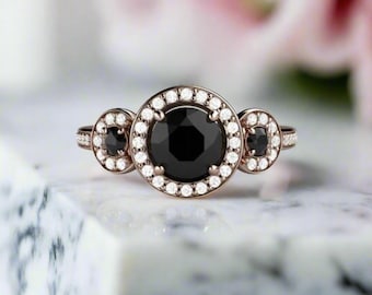 Black Diamond Engagement Ring | Round 3 Stone Diamond Halo in Gold or Platinum