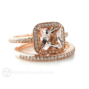 Rose Gold Morganite Engagement Ring & Wedding Band Princess Diamond Halo Morganite Ring 14K or 18K Gold