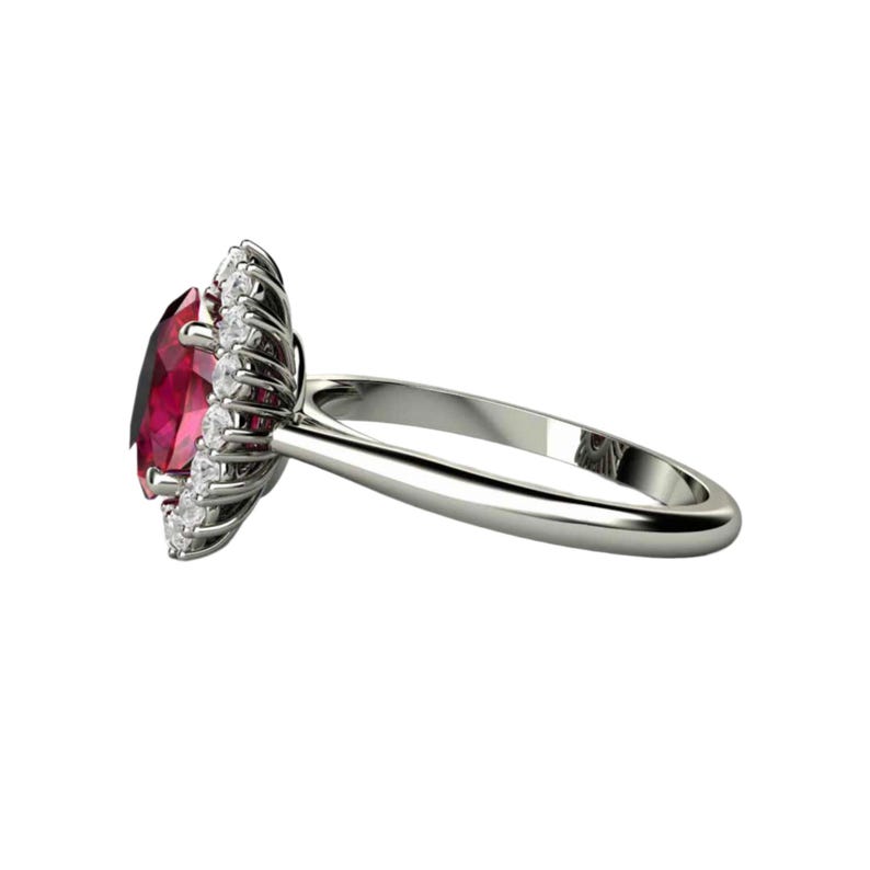 Anillo de compromiso con rubí, anillo de rubí ovalado, anillo de halo de rubí con racimo de diamantes y diamantes, piedra natal de julio, piedra preciosa roja. imagen 4