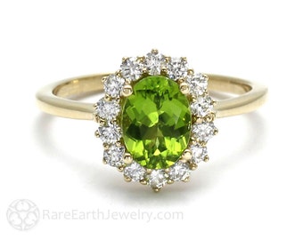 Oval Natural Peridot Ring with Diamonds Vintage Style Cluster Diamond Halo August Birthstone Jewelry Green Gemstone Ring in Gold