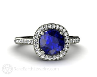 Blue Sapphire Engagement Ring Diamond Halo Sapphire Ring Custom Wedding Jewelry 14K 18K Gold or Palladium