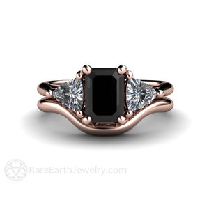 natural black diamond wedding set emerald cut black diamond engagement ring three stone style with trillions black diamond ring and matching wedding band in rose gold unique black stone engagement ring
