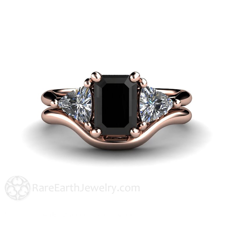 natural black diamond wedding set emerald cut black diamond engagement ring three stone style with trillions black diamond ring and matching wedding band in rose gold unique black stone engagement ring