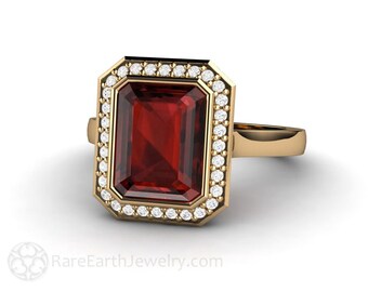 Emerald Cut Red Garnet Ring Mozambique Garnet Engagement Ring Bezel Set Diamond Halo 14K or 18K Gold January Birthstone Red Gemstone Ring