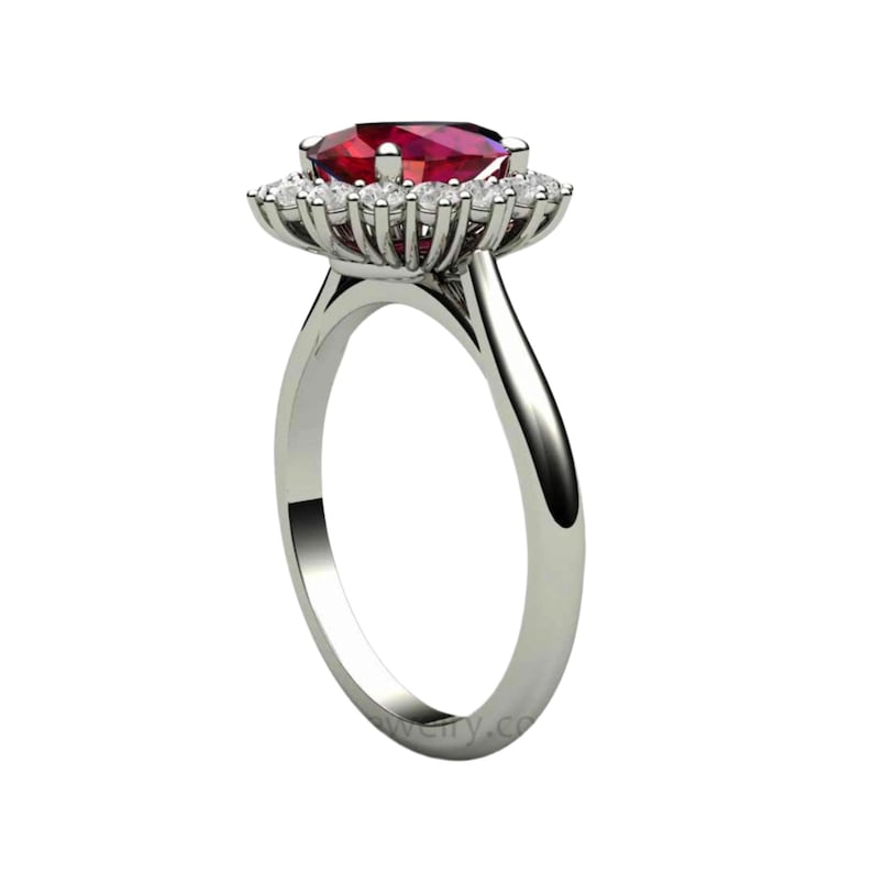 Anillo de compromiso con rubí, anillo de rubí ovalado, anillo de halo de rubí con racimo de diamantes y diamantes, piedra natal de julio, piedra preciosa roja. imagen 5
