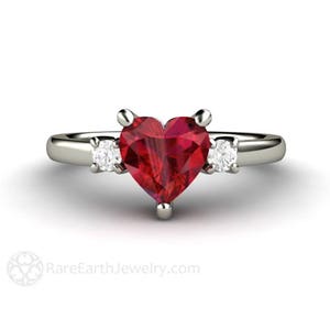 Ruby Ring Ruby Engagement Ring Heart Promise Ring 3 Stone Heart Cut Ruby and Diamond Ring 14K or 18K Gold Red Gemstone Ring July Birthstone image 1