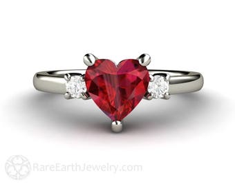 Ruby Ring Ruby Engagement Ring Heart Promise Ring 3 Stone Heart Cut Ruby and Diamond Ring 14K or 18K Gold Red Gemstone Ring July Birthstone