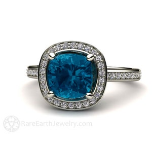 London Blue Topaz Ring Cushion Cut Topaz Ring Diamond Halo Blue Stone Engagement Ring December Birthstone Blue Gemstone Ring 14K Gold