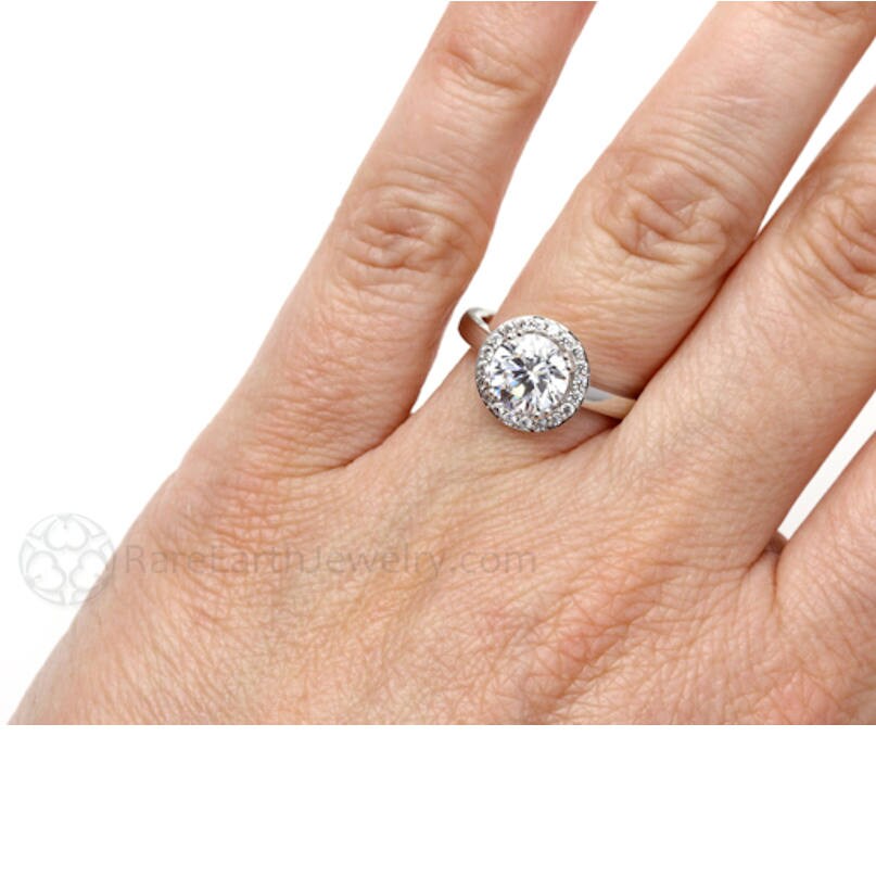 Platinum Moissanite Engagement Ring Diamond Halo Plain Band Etsy