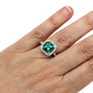 Art Deco Emerald Engagement Ring Large Emerald Ring Cushion Cut Lab Created Emerald Ring with Diamond Halo Vintage Inspired