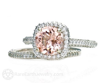 Platinum Morganite Bridal Set Diamond Halo Morganite Engagement Ring  Wedding Ring