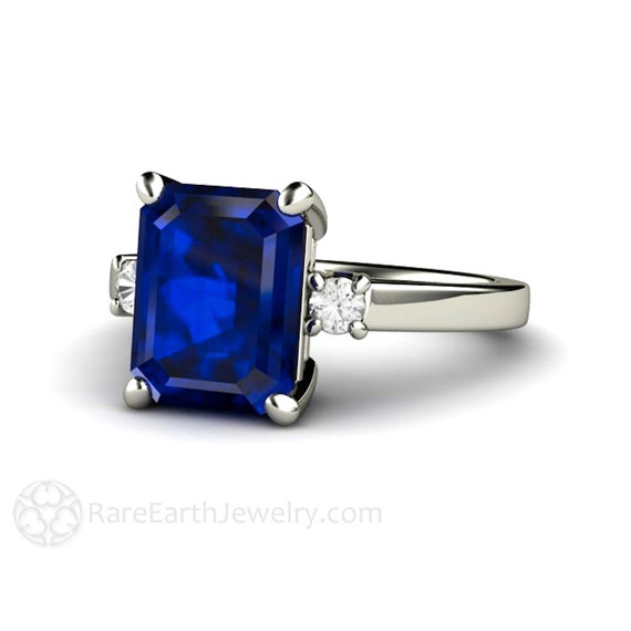 Blue Sapphire Engagement Ring Emerald Cut Stone Blue Sapphire Ring with  Diamonds, Lab Created Blue Sapphire Ring 14K 18K Gold or Platinum