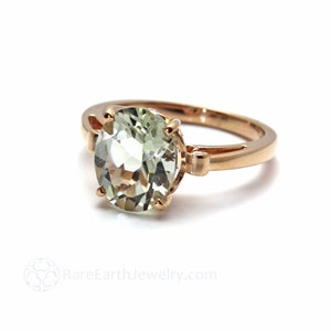 Oval Green Amethyst Ring, Green Quartz Ring in Gold Fleur de Lis Solitaire Setting, Colored Gemstone Engagement Ring