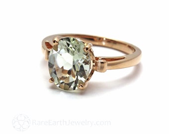 Oval Green Amethyst Ring, Green Quartz Ring in Gold Fleur de Lis Solitaire Setting, Colored Gemstone Engagement Ring