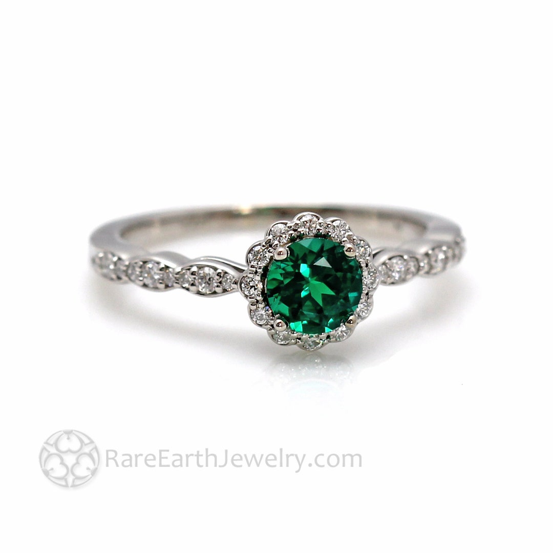 Green Emerald Engagement Ring Vintage Style Diamond Halo Lab - Etsy