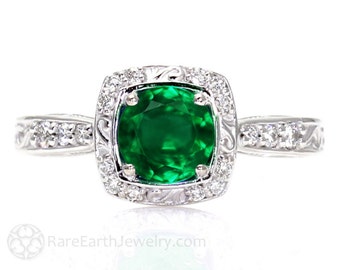 Art Deco Emerald Engagement Ring Vintage Inspired Emerald and Diamond Ring with Filigree and Diamond Halo 14K Lab Created Emerald Ring