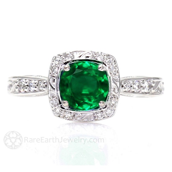 Art Deco Emerald Engagement Ring Diamond Halo 14K Emerald Ring | Etsy