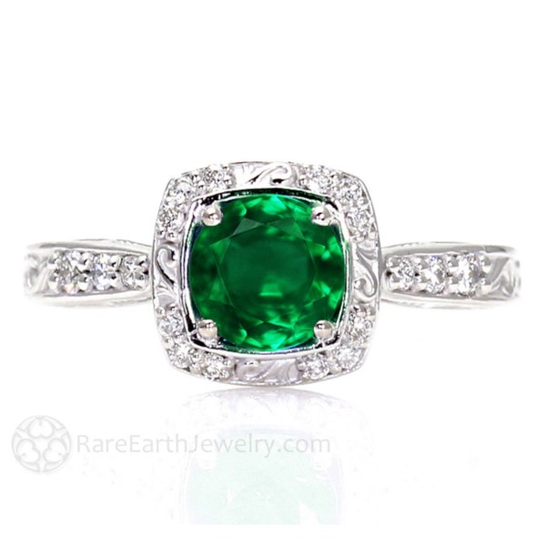 Art Deco Emerald Engagement Ring Vintage Inspired Emerald and Diamond Ring with Filigree and Diamond Halo 14K Lab Created Emerald Ring