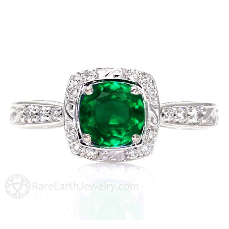 Art Deco Emerald Engagement Ring Diamond Halo 14K Emerald Ring - Etsy