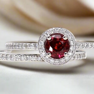 Ruby Engagement Ring Bridal Set Round Ruby Halo Ring 14K or 18K Gold July Birthstone Wedding Set Red Gemstone Ring