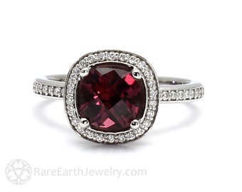 Red Garnet Ring Rhodolite Garnet Engagement Ring Cushion Cut Garnet Ring Diamond Halo Gold or Platinum January Birthstone Red Stone Ring