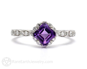 Asscher Cut Amethyst Engagement Ring Vintage Style Amethyst Ring Diamond Halo Amethyst and Diamond Ring Purple Stone February Birthstone