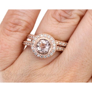 Bezel Morganite Wedding Set Engagement Ring Morganite Ring Diamond Halo 14K or 18K Gold Peach Gemstone Ring Vintage Bridal Set image 2