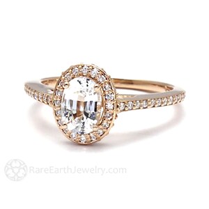 White Sapphire Engagement Ring Oval Diamond Halo Oval White Sapphire Ring 14K 18K Gold or Platinum Custom Bridal Jewelry Diamond Alternative