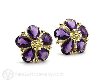 14K Gold Gemstone Flower Earrings Birthstone Earrings Amethyst Citrine Garnet Peridot Topaz Post Earrings