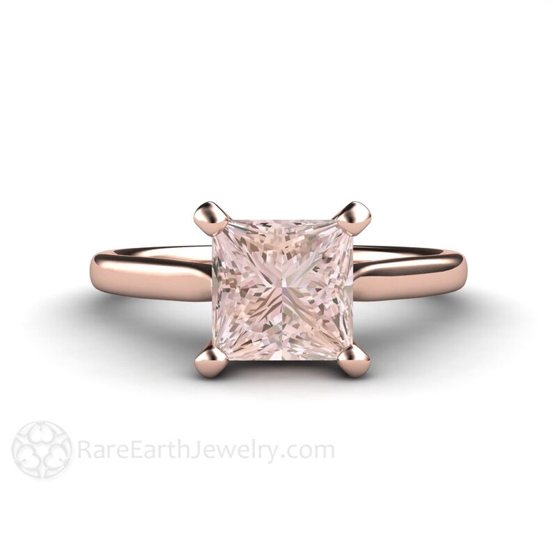 Princess cut morganite engagement ring four prong square solitaire in rose gold with natural peach pink morganite gemstone