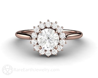 Round Diamond Engagement Ring Rose Gold GIA Certified Diamond Ring Vintage Style Cluster Diamond Halo 14K or 18K Gold Platinum Wedding Ring