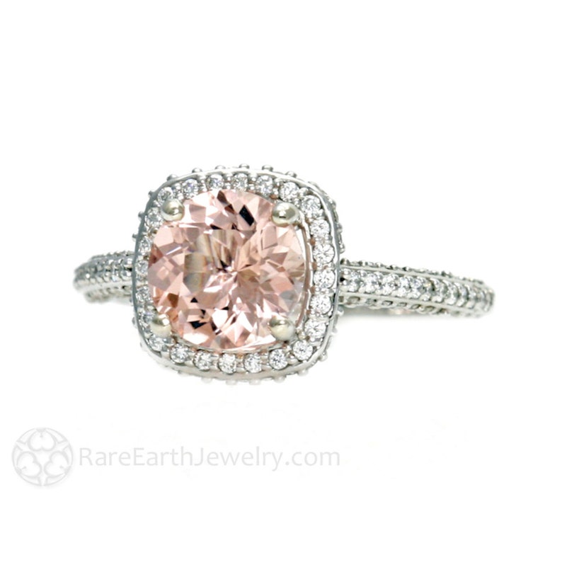 Platinum Morganite Engagement Ring Diamond Halo Setting Morganite Ring Custom Bridal Jewelry image 1