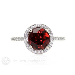 Red Garnet Ring Diamond Halo Engagement Ring January Birthstone Ring 14K or 18K Gold Custom Bridal Jewelry image 1