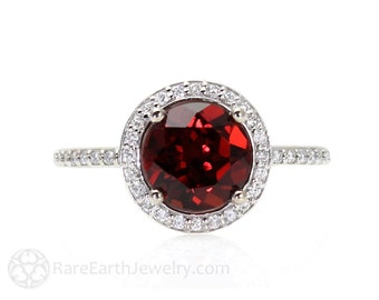 Red Garnet Ring Diamond Halo Engagement Ring January Birthstone Ring 14K or 18K Gold Custom Bridal Jewelry