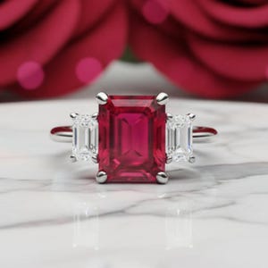 Rubin Verlobungsring mit Smaragdschliff | 3 Stein Labor gewachsene Diamant Akzente | Juli Geburtsstein