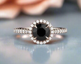 Black Diamond Engagement Ring | 1ct Round with Pavé Halo & Hidden Diamonds | Cathedral Setting in Gold or Platinum