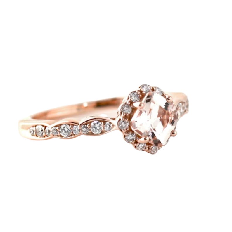 Asscher geslepen morganiet verlovingsring | Perzikroze vintage halo-ring | Diamanten geschulpte band van 14K of 18K goud of platina afbeelding 3