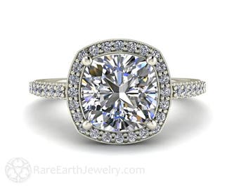 Cushion Moissanite Engagement Ring Forever One Moissanite Ring with Pave Diamond Halo  Custom Handmade