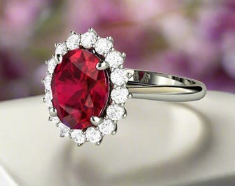Rubin Verlobungsring Oval Rubin Ring Diamant Cluster Rubin Halo Ring mit Diamanten Juli Geburtsstein Roter Edelstein