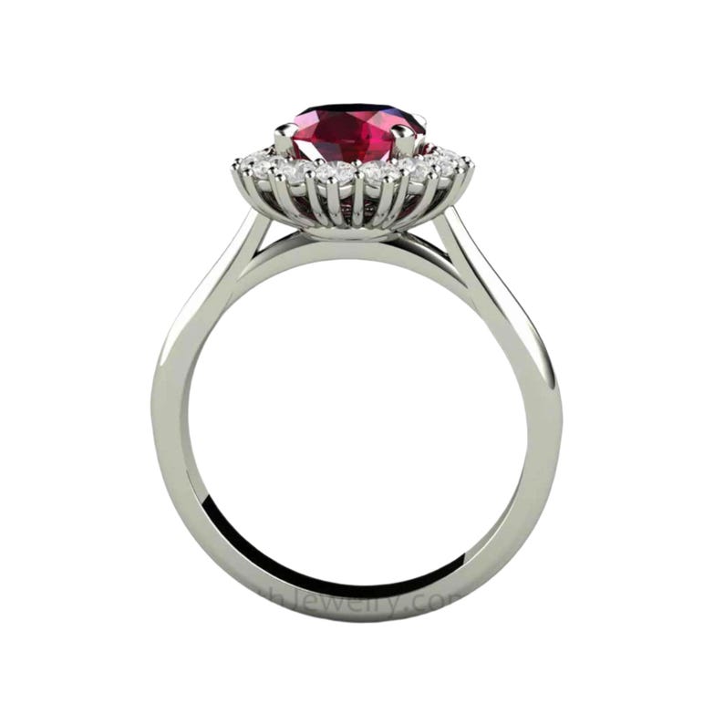 Anillo de compromiso con rubí, anillo de rubí ovalado, anillo de halo de rubí con racimo de diamantes y diamantes, piedra natal de julio, piedra preciosa roja. imagen 3