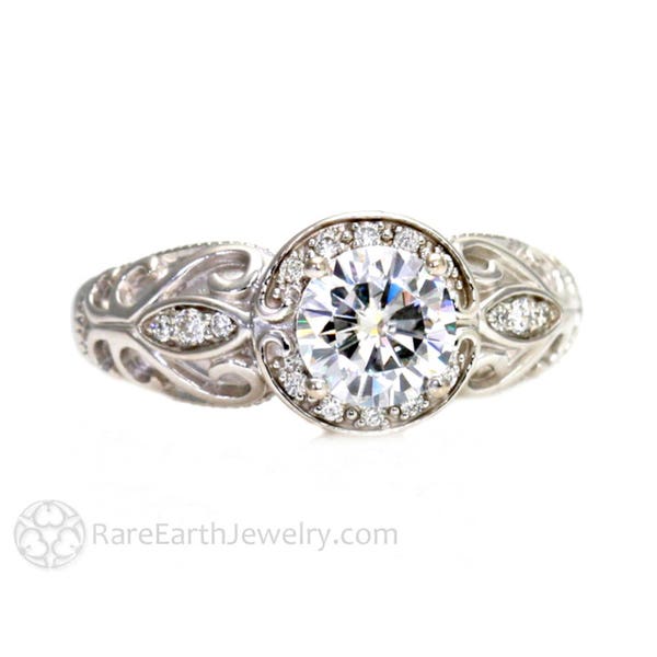 Vintage Inspired Engagement Ring Art Deco Style Ring Round Diamond Halo Moissanite Ring Diamond Alternative Engagement Ring Gold or Platinum