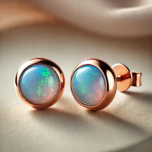 May include: A pair of rose gold stud earrings with opal gemstones. The opals are iridescent with shades of blue, green, and pink.