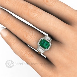Large Three Stone Emerald Engagement Ring Emerald Cut Green Emerald Ring with Lab Created Diamonds 3 Stone Diamond Halo Gold Platinum image 6